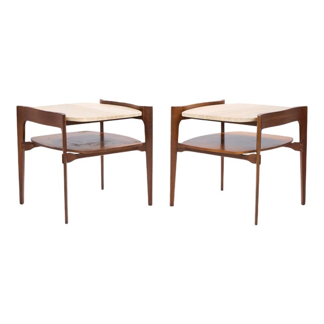 Bertha Schaefer for Singer & Sons Mid Century Sculpted Travertine and Walnut End Tables - Pair For Sale