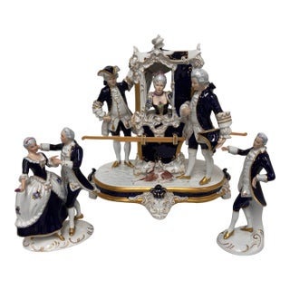 Royal Dux Rococo “Lady in Sedan Chair” Porcelain Figurines For Sale