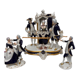 Royal Dux Rococo “Lady in Sedan Chair” Porcelain Figurines