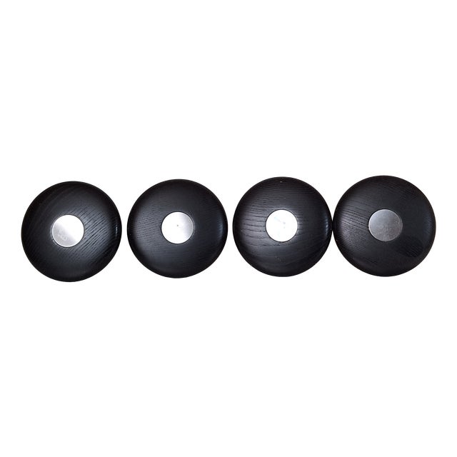 Vintage Coat Hooks with Metal Brackets and Black Stained Oak Plates, 1970s, Set of 4 For Sale