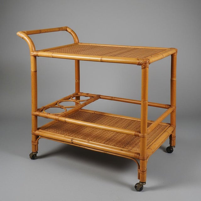 Mid-Century Modern Vintage Handcrafted and Bar Cart in Bamboo E Rattan, 1960s For Sale - Image 3 of 9