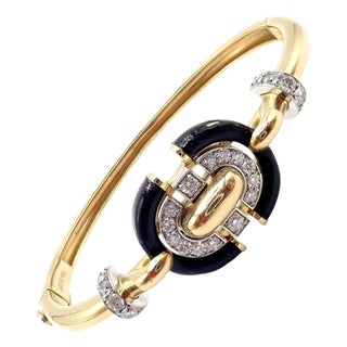 1980s David Webb Diamond Enamel Yellow Gold Platinum Bangle Bracelet For Sale