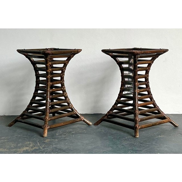 Mid-Century Modern Vintage Boho Willow and Reed Stacked Rattan Table Pedestals - A Pair For Sale - Image 3 of 12
