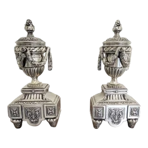 Italian Die-Cast Brass Andiron Set in Silver Antique Finish - a Pair