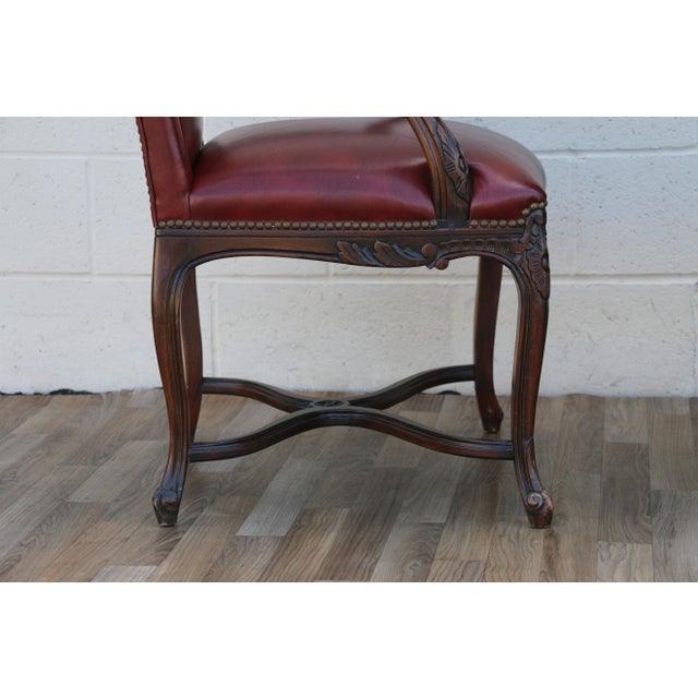 Pair of Vintage English Regency Style Leather Armchairs | Carved Wood Frame, Nailhead Trim For Sale - Image 13 of 18
