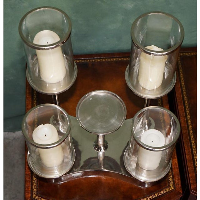 Colmore Five Light Nickel & Glass Hurricane Candle Holder Centrepiece A superb large-scale contemporary five-light...