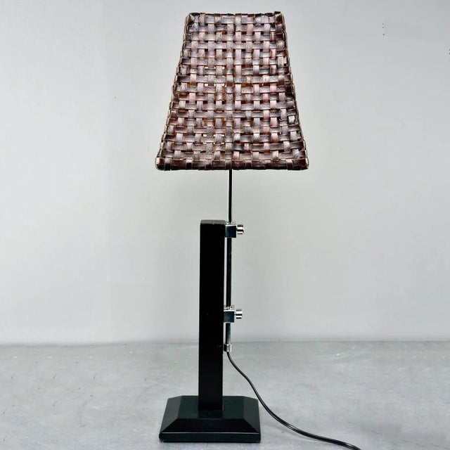 Mid Century Italian Adjustable Lamp With Original Woven Leather Shade For Sale - Image 4 of 8