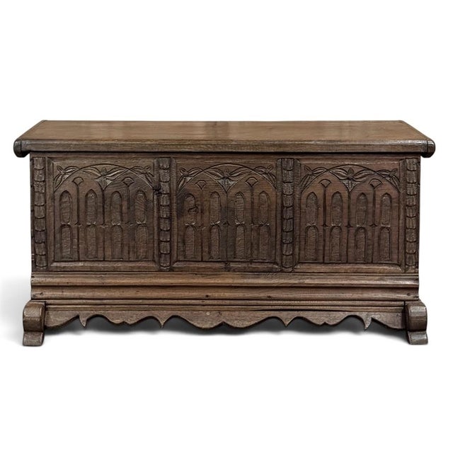 19th Century Gothic Revival Carved Oak Trunk With Hand-Forged Ironwork For Sale - Image 4 of 17