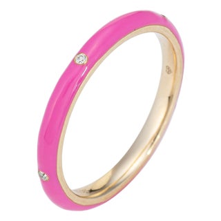 ​Candy Pink Enamel Diamond Ring Size 6.5 14k Yellow Gold Stacking Band Jewelry For Sale