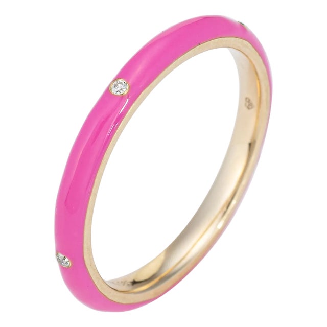 ​Candy Pink Enamel Diamond Ring Size 6.5 14k Yellow Gold Stacking Band Jewelry For Sale