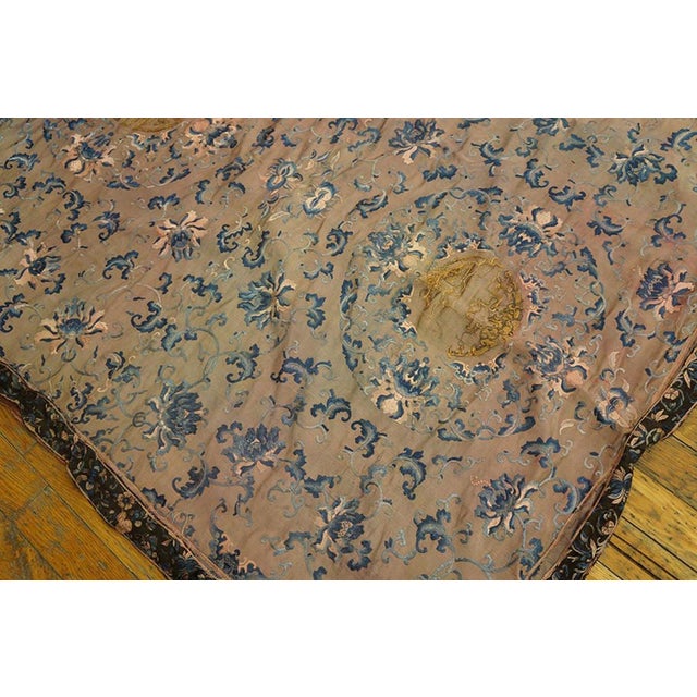 1850s Antique Chinese Floral Square Coral Textile Art Flat Weave Rug For Sale - Image 4 of 6