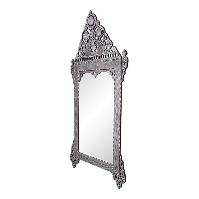 Monumental Syrian Damascene Mother-of-Pearl Inlaid Pediment Mirror With Pierced Cresting For Sale