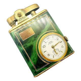 Mid 20th Century German Green Marble German Brass Lighter W/ Watch by Eclydo For Sale