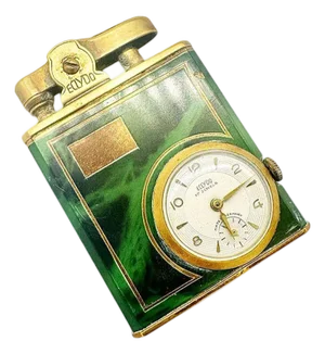 Mid 20th Century German Green Marble German Brass Lighter W/ Watch by Eclydo