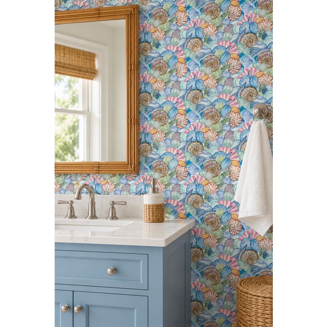 Coastal Shell of a Good Time Grasscloth Wallpaper by House Party | Ocean Blue | 6 Yards For Sale - Image 3 of 10