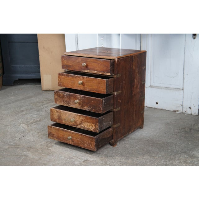Antique English Campaign Anglo Indian Teak Brass Inlay Military Chest of Drawers For Sale - Image 4 of 11