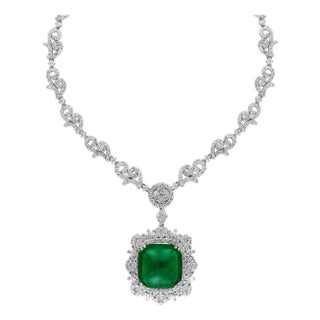 GIA 17 Ct Sugar Loaf Cabochon Colombian Emerald & 13 Ct Diamond Necklace 18KWG For Sale
