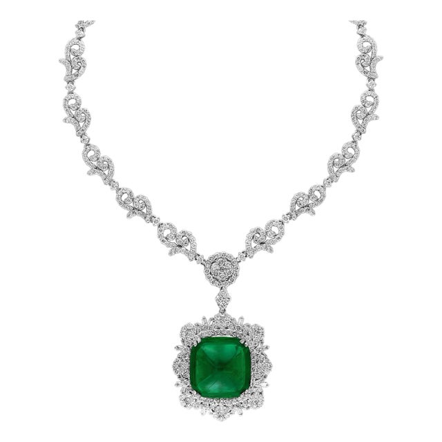 GIA 17 Ct Sugar Loaf Cabochon Colombian Emerald & 13 Ct Diamond Necklace 18KWG For Sale