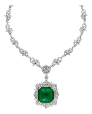 GIA 17 Ct Sugar Loaf Cabochon Colombian Emerald & 13 Ct Diamond Necklace 18KWG