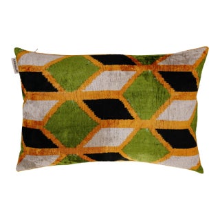Contemporary Luxury Green Gold Handmade Silk Throw Pillow With Down Insert For Sale