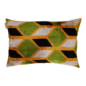 Contemporary Luxury Green Gold Handmade Silk Throw Pillow With Down Insert