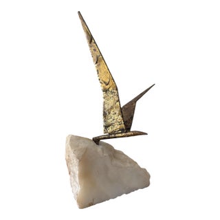 Vintage Curtis Jere Abstract Bird Sculpture in Patinated Brass on Stone Base c.1971 For Sale
