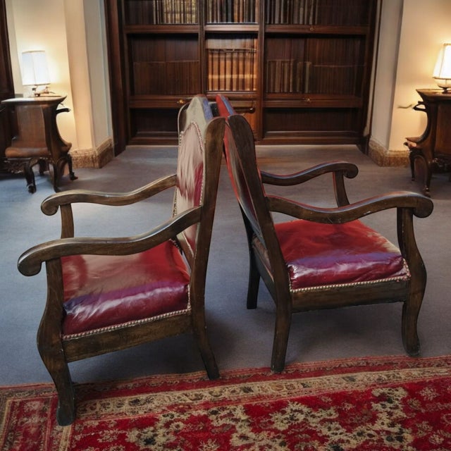 Burgundy Elevate Your Home With This Stunning Pair of Antique Victorian-Style Parlor Leather Armchairs For Sale - Image 8 of 12