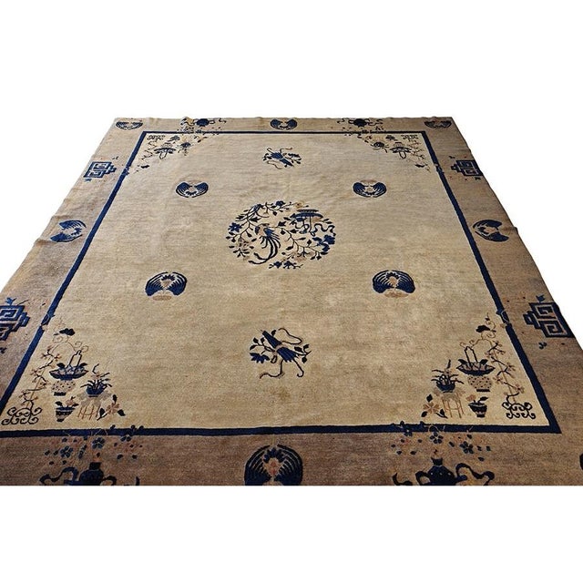 Textile 1920s Beige Field Art Deco Style Antique Chinese Peking Rug 9' X 9'6" Square For Sale - Image 7 of 8
