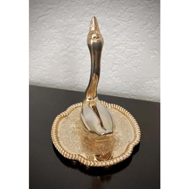 Diminutive Mid 20th-Century Brass Swan on a Dish Ring Holder, Hong Kong For Sale - Image 9 of 17