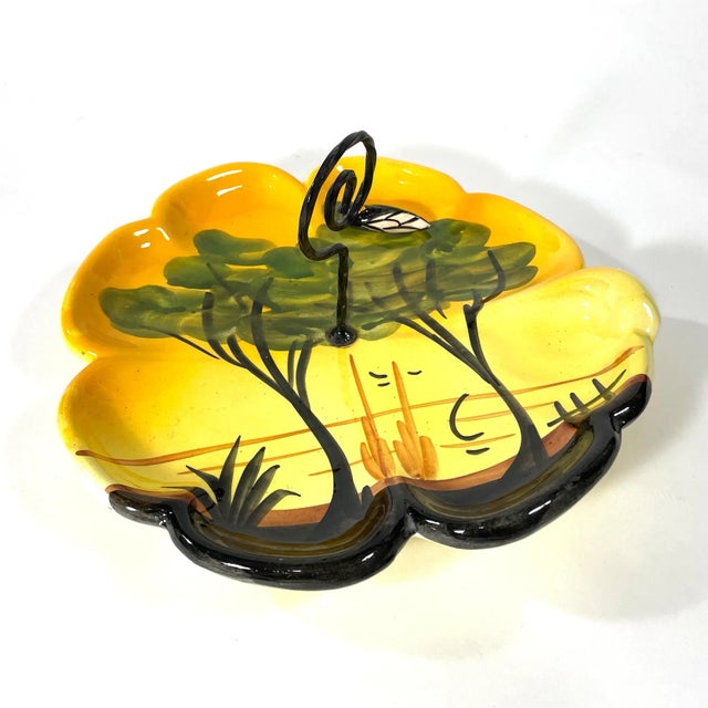 Vintage Mid-Century French serving platter / cheese plate with cicada. Hand-painted trees on traditional yellow and orange...