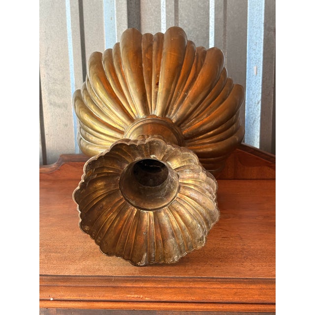 Large Vintage Scalloped Ribbed Brass Pedestal Compote Bowl For Sale In Seattle - Image 6 of 11