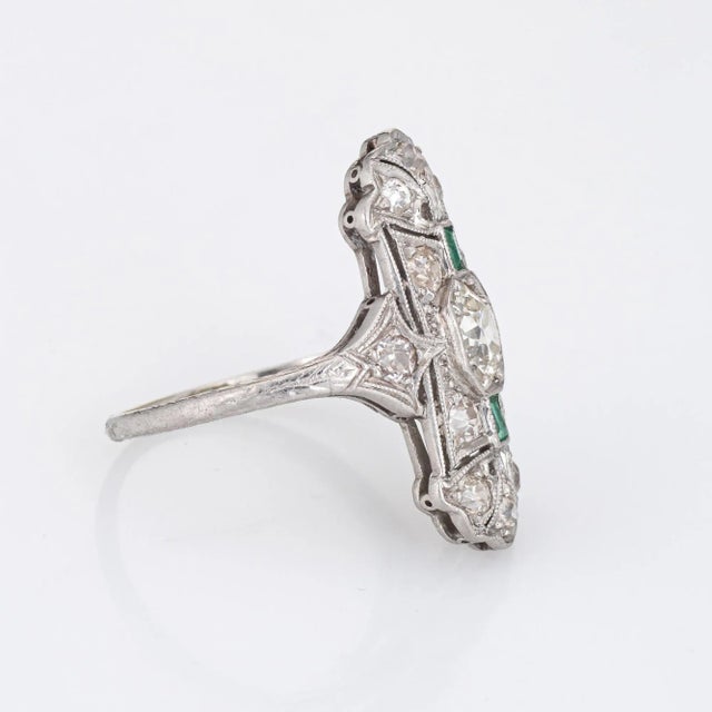 Early 20th Century Vintage Art Deco Emerald Diamond Ring Platinum Elongated Plaque Band size 6 For Sale - Image 5 of 8