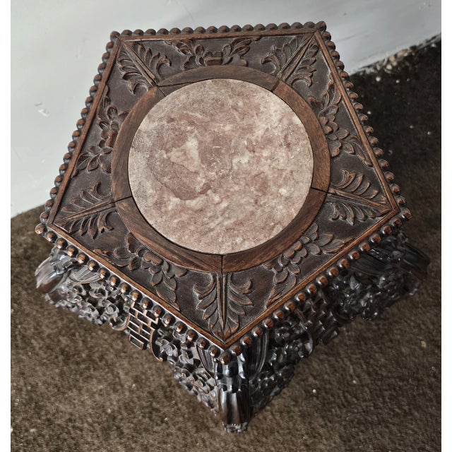 Wood 19th Century Chinese Qing Carved Rosewood and Marble Inset Stand For Sale - Image 7 of 7