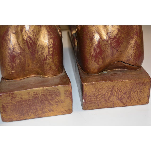 Pair Carved Wood Seated Rams Gold / Burgundy Wash For Sale - Image 13 of 14