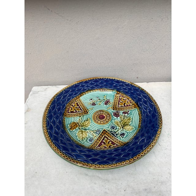 French Majolica plate Onnaing Circa 1890. flowers and blackberries.