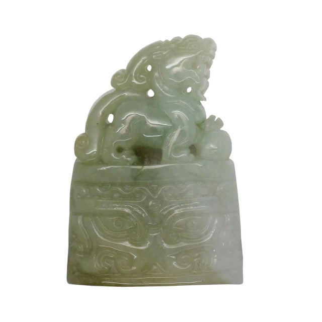 Gemstone Carved Natural Green Jade Table Top Feng Shui Lucky Pixiu Bell Figure & Pendant For Sale - Image 7 of 7