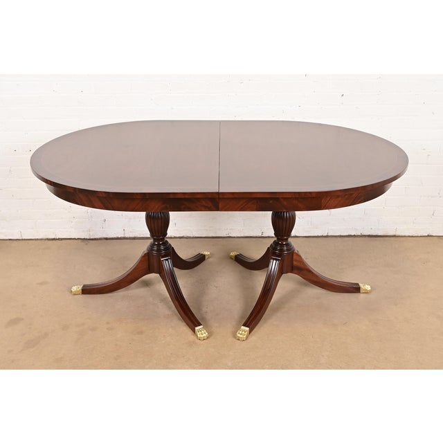 Wood Henkel Harris Georgian Banded Mahogany Double Pedestal Extension Dining Table, Newly Refinished For Sale - Image 7 of 15