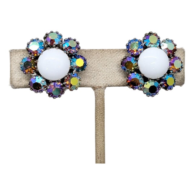 Vintage Signed Weiss White Cabochon & Aurora Borealis Clip Earrings-2 Pieces For Sale