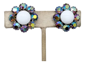 Vintage Signed Weiss White Cabochon & Aurora Borealis Clip Earrings-2 Pieces