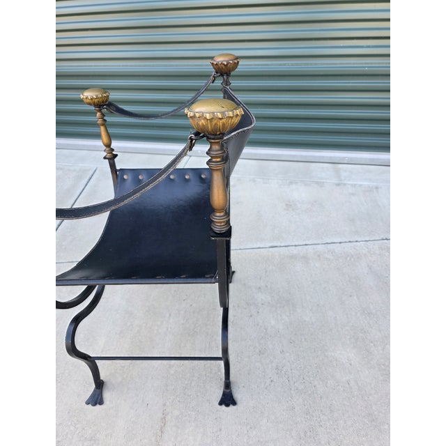 Metal Vintage Italian Curule Savonarola Armchair in Black Leather Brass & Iron For Sale - Image 7 of 17