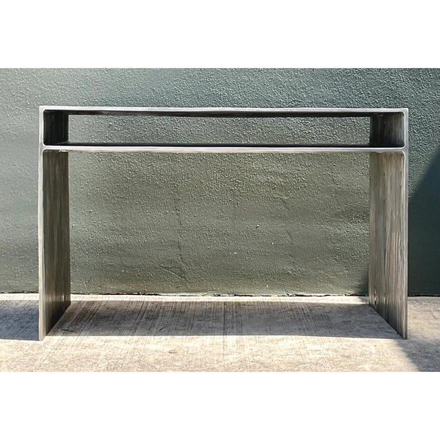 Silver Vintage Wood Grain Metal Console Table For Sale - Image 8 of 12