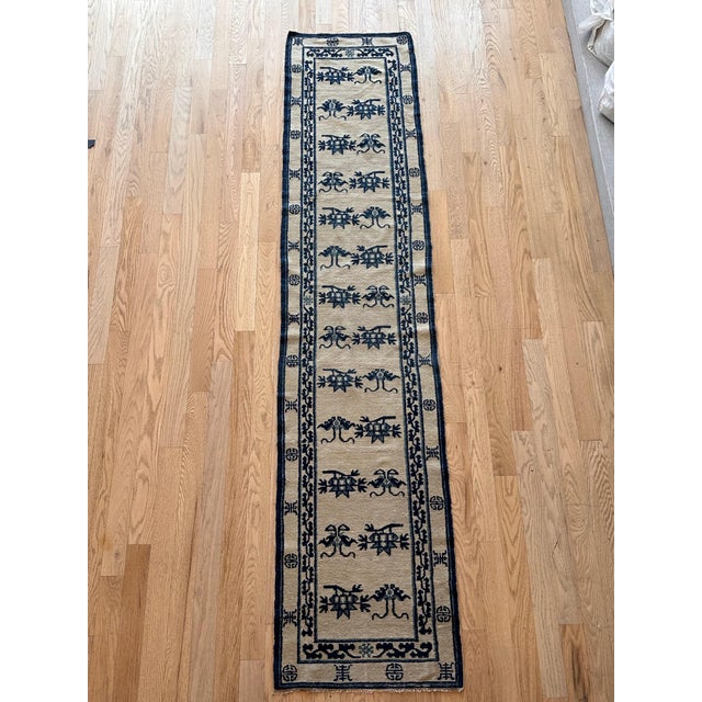 Antique Peking Chinese Runner, Handmade Oriental Rug, Circa 1870, Ivory and Blue For Sale - Image 9 of 16