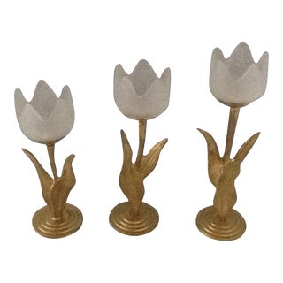 Vintage Metal & Glass Tulip Tea Light Holders For Sale