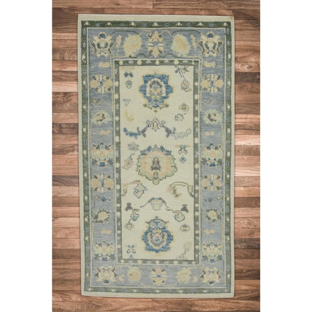 Turkish Oushak Rug Blue Green Floral Handwoven Rug 2'10" X 5'1" For Sale In Houston - Image 6 of 6