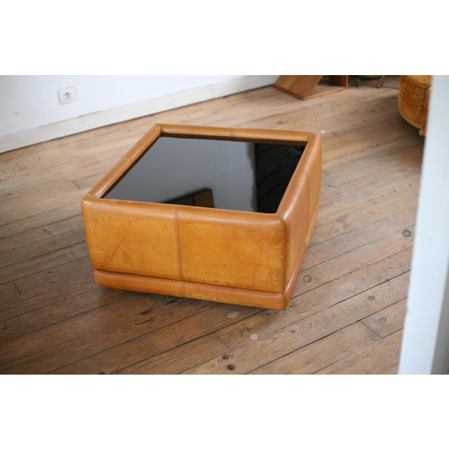 Vintage Coffee Table in Leather and Black Glass, 1970s For Sale - Image 15 of 16