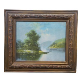 Mid Century Rowboat Sailboat Tree Lined River Lake Seascape Print For Sale