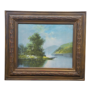 Mid Century Rowboat Sailboat Tree Lined River Lake Seascape Print