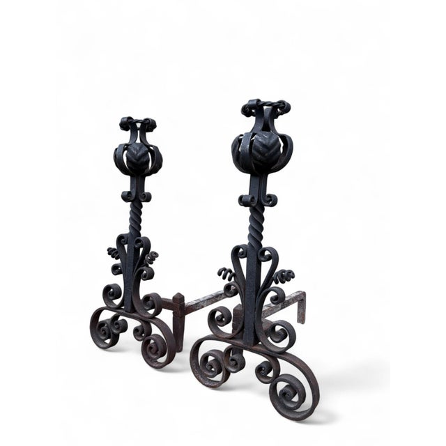 Late 19th Century Arts & Crafts Wrought Iron Pair Andirons Basket Top, Scrollwork, Spiral and Twisted Accents For Sale - Image 13 of 18