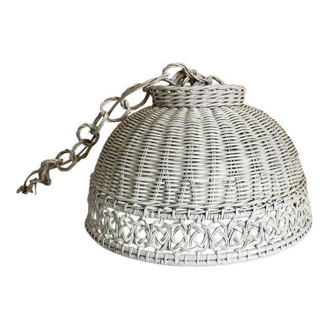 Mid Century White Wicker Hanging Swag Light For Sale