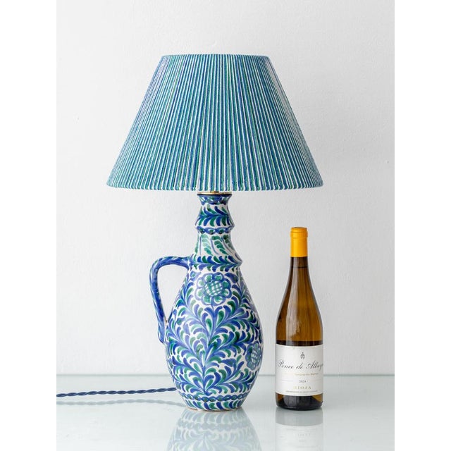 Boho Chic Spanish Fajalauza Ceramic Table Lamp with Hand-Woven Lampshade For Sale - Image 3 of 15